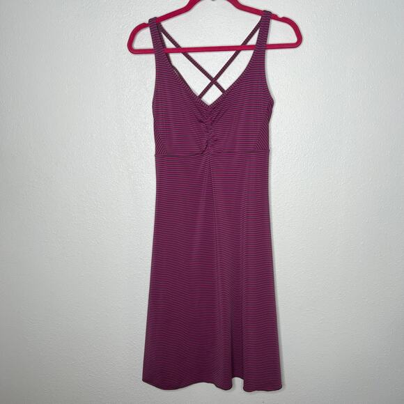 Prana Purple Striped Fit & Flare Dress V-Neck Strappy Back Sleeveless Sz L - Picture 1 of 6